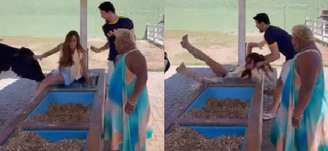 Vaca dá cabeçada em Nicole Bahls, que é derrubada e cai em bebedouro na fazenda