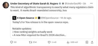 Sarah B. Rogers, subsecretária de Estado para Diplomacia Pública dos Estados Unidos, acusou o Brasil de impor censura após a rede social X, antigo Twitter, alterar seu algoritmo para atender às regras eleitorais brasileiras de 2026.