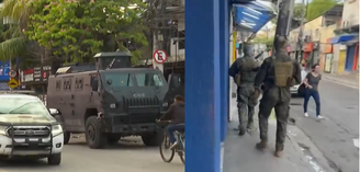 Montagem com imagens da operação que acontece nesta segunda-feira, 29, nas comunidades da Gardênia Azul e Cidade de Deus