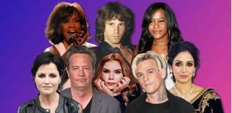 Acima, Whitney Houston, Jim Morrison e Bobbi Kristina; abaixo, Dolores O’Riordan, Matthew Perry, Irina Rybnikova, Aarcon Carter e Sridevi Kapoor: tragédias em banheiras