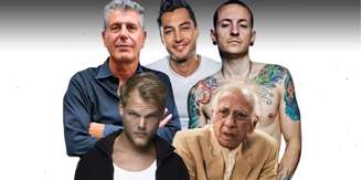 Acima, o chef e apresentador Anthony Bourdain (1956-2018), visto na CNN Brasil, o ex-Menudo Anthony Galindo (1979-2020) e o vocalista do Linkin Park Chester Bennington (1976-2017); abaixo, o DJ Avicii (1989-2018) e o ator Flávio Migliaccio (1934-2020): famosos na estatística de suicídio masculino 