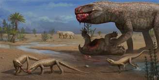 Ilustração dos “Parvosuchus aurelioi” disputando restos de alimentos