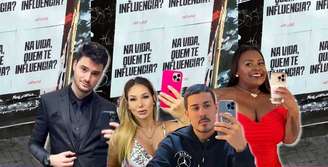 Ao fundo, o cartaz no centrão de SP; os influenciadores Felipe Neto, Virgínia Fonseca, Carlinhos Maia e Jojo Todynho: os seguidores param de viver a própria vida para sonhar com a realidade luxuosa dos ídolos da web