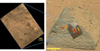 Rocha com forma de pirâmide foi achada pela sonda Curiosity. Pontos marcados em amarelo e vermelho foram analisados pelos instrumentos da sonda