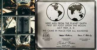 Placa de recordação da missão Apolo 11, levada à Lua em 1969. 