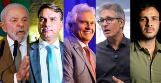 Lula (PT), Flávio Bolsonaro (PL), Ronaldo Caiado (PSD), Romeu Zema (Novo) e Renan Santos (Missão), pré-candidatos à Presidência da República