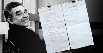 Uma foto do Prêmio Nobel de Literatura de 1982 junto à lista que escreveu para Hernando em 1995