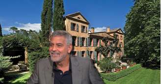 George Clooney e, ao fundo, a fachada da casa principal da propriedade onde ele e a mulher criam os gêmeos Ella e Alexander, de 8 anos, longe dos holofotes