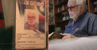 Manoel Carlos no escritório de seu apartamento no Leblon, no Rio, e o crachá da Globo