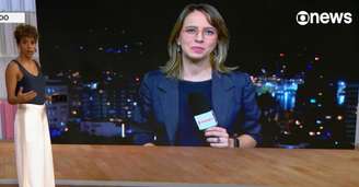Narayanna Borges em sua primeira aparição no 'Jornal das Dez', interagindo com Aline Midlej
