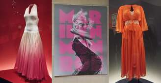 À esquerda, vestido rosa usado por Marilyn no filme 'Adorável Pecadora' (1960); no centro, o cartaz da exposição; ao lado, traje que a atriz vestiu para fotos dos estúdios Fox no início da década de 1950