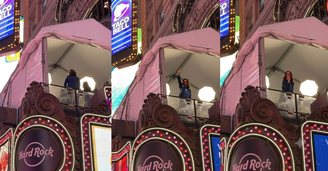 Renata Vasconcellos dá 'tchau' e manda beijos para fãs que gritaram seu nome na Times Square