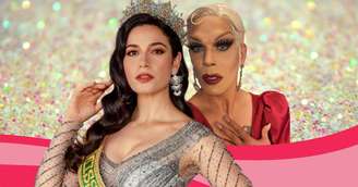 A Miss Brasil e segunda colocada no Miss Universo Julia Gama e a drag queen Ikaro Kadoshi, apresentadora da transmissão do concurso na TNT