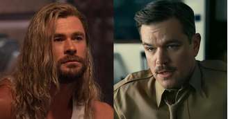 Atores Chris Hemsworth e Matt Damon caracterizados, respectivamente, como Thor e Leslie Groves