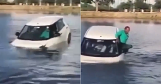 Carro conduzido por aluno de autoescola cai em lago na Índia