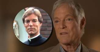 Richard Chamberlain em uma das últimas entrevistas à TV e, no destaque, no papel do padre Ralph, em 'Pássaros Feridos', quando despertou a paixão em muitas telespectadoras