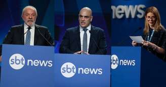 O presidente Lula, o ministro do STF Alexandre de Moraes e a presidente do SBT, Daniela Beyruti, discursaram no evento de lançamento do SBT News na sexta-feira, 12
