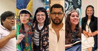 Da esquerda para a direita: Cristino Wapichana, Auritha Tabajara, Trudruá Dorrico, Ezequiel Vitor Tuxá, Geni Núñez e Márcia Kambeba.