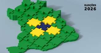 Mapa do Brasil formado por peças, tipo um quebra cabeça, formando uma imagem que remete à bandeira do Brasil