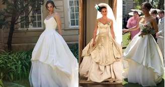 À esquerda, Lara Silva em foto de seu Instagram, feita pelo fotógrafo Ale Bigliazzi, da 'Vogue Noiva'; ao centro, Carrie em 'Sex And The City'; ao lado, a cantora na hora do "sim"