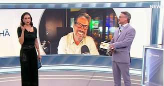 Phelipe Siani na primeira interação com os âncoras Lívia Zanolini e Lúcio Sturm no SBT News