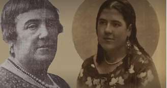 Montagem com foto antiga de duas mulheres, uma idosa e outra jovem