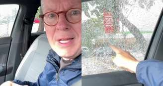 Márcio Gomes mostra o estrago que o assaltante fez no vidro do carro de sua mulher: "Precisamos ficar atentos"