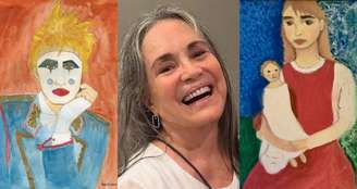 Regina Duarte entre duas de suas pinturas disponíveis no site