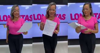 Momento em que a apresentadora Paloma Souza mostra a intimação recebida no estúdio