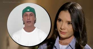 Karol Cavalcante em entrevista ao 'Domingo Espetacular', da Record, e David Luiz no vídeo em que negou ameaças à assistente social com quem se envolveu