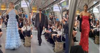 Modelos desfilaram no corredor do trem em movimento: show de moda no ritmo da metrópole
