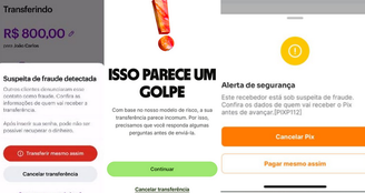 Montagem com alertas de suspeita de golpe emitidos por bancos durante transações atípicas 