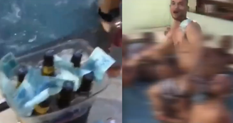 Balde cheio de dinheiro e bebidas na borda da piscina, onde o PM Yuri aparece junto a traficantes do CV