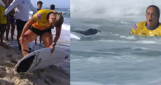 Surfista americana quebra prancha ao meio e sofre corte na perna ao executar manobra em Saquarema