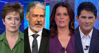 Christina Lemos (Jornal da Record), William Bonner (Jornal Nacional), Adriana Araújo (Jornal da Band) e César Filho (SBT Brasil): noticiário em alta