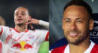 Xavi Simons, pelo RB Leipzig (Photo by Stuart Franklin/Getty Images) e Neymar, do Santos (Photo by Buda Mendes/Getty Images)