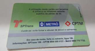 Bilhete antigo de Sandro Eduardo Vichi. No verso, logotipos de SPTrans, Metrô e CPTM