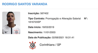 Rodrigo Varanda renovou contrato com o Corinthians até o fim de janeiro de 2024 (Foto: Reprodução)
