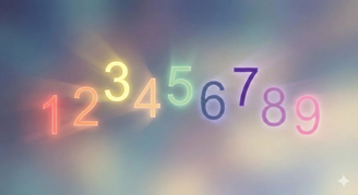 Ilustração etérea com os números de 1 a 9 dispostos em um arco suave. Cada número emite um brilho com sua respectiva cor da numerologia e cromoterapia, como o número 1 em vermelho, o 3 em amarelo e o 7 em violeta, sobre um fundo gradiente suave e desfocado. Representação visual da vibração da cor do número para o Ano Pessoal.