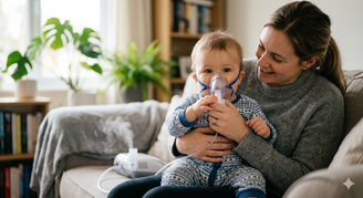 Mãe fazendo inalação em bebê