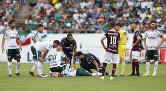 Felipe Pires se machucou seis minutos depois de entrar neste domingo (Cesar Greco/Ag Palmeiras/Divulgação)