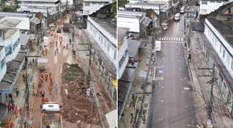 Antes e depois da limpeza na Rua Teresa, uma das principais vias de Petrópolis 