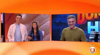 Tadeu Schmidt e Marciele, do BBB 26, interagem com Luciano Huck neste domingo, 12