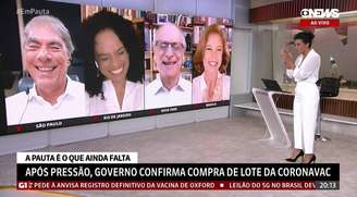 Aline Midlej aplaude o colega Jorge Pontual (terceiro no telão) por aderir ao ‘branco da paz’