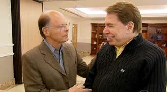 O bispo Edir Macedo com Silvio Santos em visita do dono do SBT ao Templo de Salomão da Igreja Universal