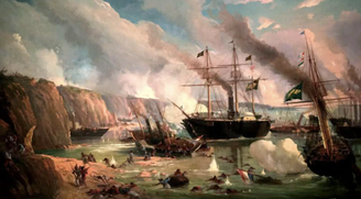 Quadro do pintor italiano Eduardo de Martino retratando navios brasileiros na Batalha do Riachuelo, a mais sangrenta da Guerra do Paraguai, responsável pelo pico histórico dos gastos do Brasil com defesa: mais de 60% do orçamento nacional, entre 1862 e 1870. Reprodução - Wikimedia Comkons , CC BY