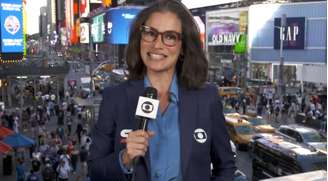 Renata Vasconcellos no estúdio montado pela Globo no coração de Nova York