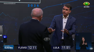 Flávio Bolsonaro (PL) e Lula (PT) durante debate na Band