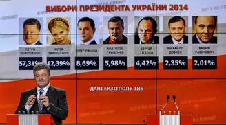 <p>Empresário ucraniano, Petro Poroshenko discursa a simpatizantes, em frente a uma tela que mostra os resultados das pesquisas de boca de urna, feitas nesse domingo</p>