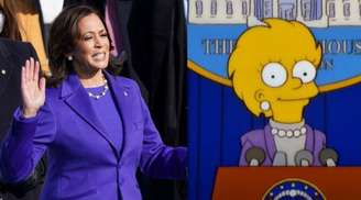 O 17º episódio da 11ª temporada de Os Simpsons mostra Lisa Simpson como a primeira mulher presidente dos Estados Unidos, vestida de forma semelhante a Kamala Harris.